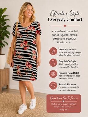 Floral Stripe Midi Dress - Black & White with Red Rose Print